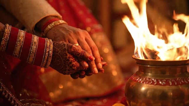 Dulhan radiant in her finery offers sacred rice with her groom in a hindu wedding fire ceremony. Ideal for wedding, cultural, and festive concepts.