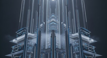 Obraz premium Abstract architectural structure featuring symmetrical, geometric designs with reflective surfaces and a central light source, creating a futuristic and ethereal atmosphere.