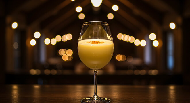 A Baroque portrayal of Eggnog in a wine glass in a grand Swiss alpine hut. Textured background (wood) and bokeh lights contribute to a luxurious and cozy mood
