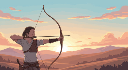 Archer with bow and arrow aiming in a golden hour landscape, illustration of focus and skill