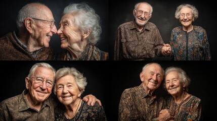 Four poses show an elderly couple smiling, cheek to cheek, holding hands, happy