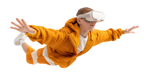 People floating in mid-air wearing VR headset in futuristic digital simulation
