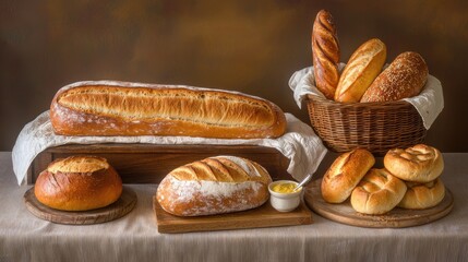 Assorted Freshly Baked Breads on Rustic Wooden Table Display