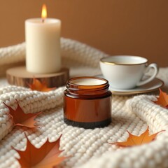 Autumnal self-care composition with a cosmetic balm jar, lit candle, and a hot drink on a cozy knitted blanket