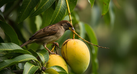 Fototapeta premium A bird pecking at a ripe fruit on a tree