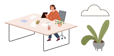 Woman sits at desk with tablet, books, papers, plants, and cloud outline. Ideal for work, creativity, productivity planning remote work organization positivity. Simple flat metaphor