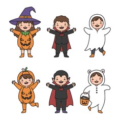A delightful collection of cute cartoon children dressed in various Halloween costumes for a fun holiday celebration.