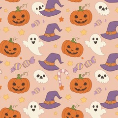 Cute Halloween seamless pattern with cartoon jack-o'-lanterns, ghosts, skulls, and witch hats. A festive and whimsical holiday background.