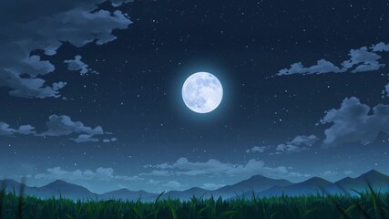 Loop Anime grassy landscape background animation of mountain and starry sky scenery with moon and shooting star - Powered by Adobe