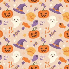 Cute Halloween seamless pattern with cartoon pumpkins, ghosts, witch hats, and candy. Festive autumn holiday vector background.