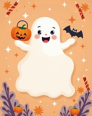 Cheerful kawaii ghost character celebrating Halloween, holding a jack-o'-lantern candy pail and a bat on a sparkling background.