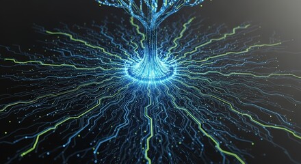 An abstract, glowing tree of life with luminous blue and green roots spreading out like a vast network.