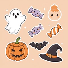 A collection of cute kawaii cartoon Halloween icons featuring a ghost, jack-o'-lantern, bat, witch hat, and candy.