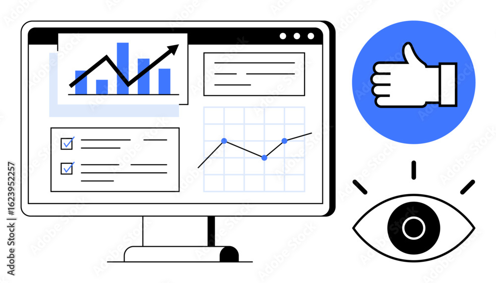 Poster desktop screen displaying performance graphs, analytics, and checklists, alongside feedback icons. i