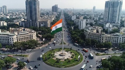 Independence day India Indian flag flies high above roundabout, celebrating freedom. Suitable for patriotic designs, Indian national holidays promotions.
