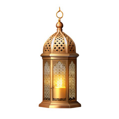 Ornate golden islamic lantern with glowing candle isolated on transparent background