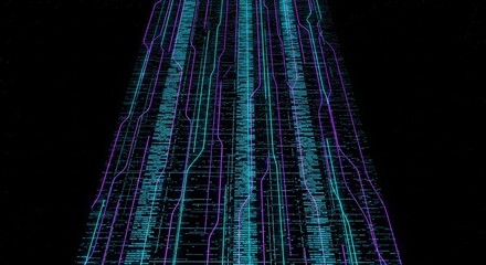Abstract digital network of glowing blue and purple lines and data streams against a black background, suggesting connectivity and information flow.