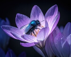 Fototapeta premium Iridescent blue bee pollinating a delicate purple crocus flower in soft light