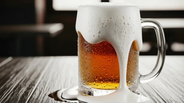Close-Up of Frothy Beer Mug with Foam Spilling Over on a Wooden Table in a Cozy Atmosphere