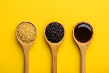 Wooden Spoons With Brown Sugar Black Sesame Seeds And Soy Sauce Arranged On Bright Yellow Background Representing Asian Cooking Ingredients