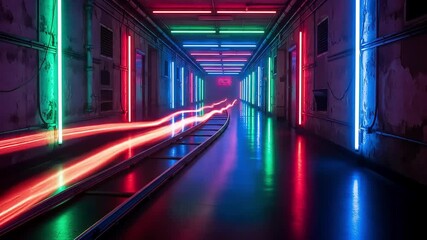 person walking futuristic neon lit corridor light trails - Powered by Adobe