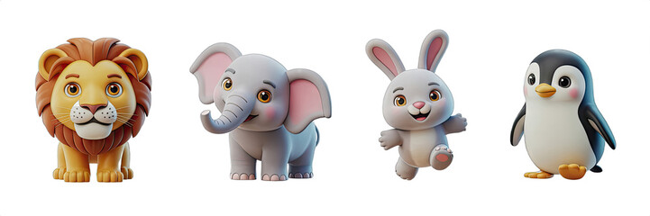 Adorable cartoon lion, elephant, bunny, and penguin characters ready for fun and learning projects