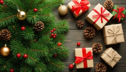 Christmas tree with decorations, presents, and pine cones on a wooden surface. Red ribbons adorn the gifts, creating a festive atmosphere.