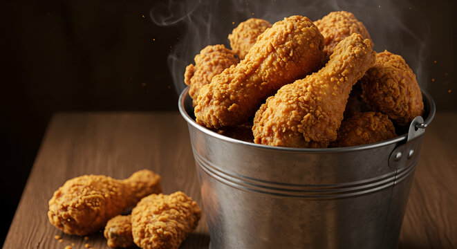 A bucket of crispy, golden fried chicken pieces, with steam rising