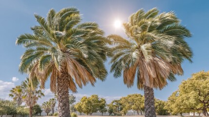 Embracing Friendship and Happiness Under the Swaying Palm Trees in a Surreal Sky Looking Up