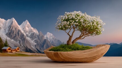 A Beautifully Designed Minimalist Landscape with a Curved Tree in a Boat Symbolizing Friendship and Happiness