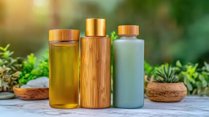 Three Beautiful Bottles of Essential Oils Representing the Essence of Friendship and Happiness in a Minimalist Style