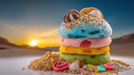 Delightful Whimsical Stack of Three Colorful Ices Representing the Joy of Friendship and Happiness