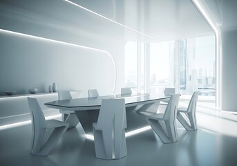 Futuristic all white dining room with a large glass table and modern design chairs