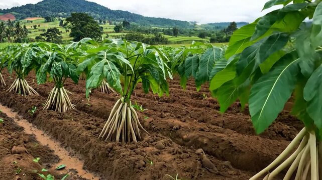 Rows of taro plants with large leaves and visible roots in a field