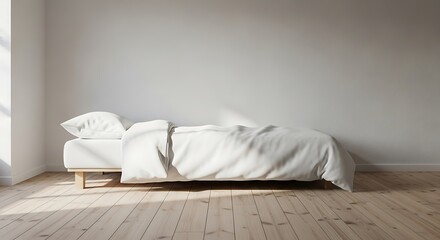 Minimalist bedroom interior with natural light, creating a serene and peaceful atmosphere in a