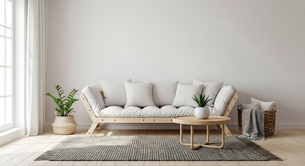 Minimalist living room with a light wooden sofa and neutral decor creating a serene space