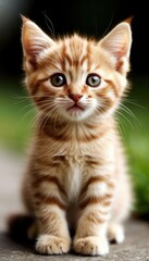 Obraz premium A small orange tabby kitten with big eyes sits on a surface. The kitten has distinct stripes and a curious expression, showcasing its playful nature.