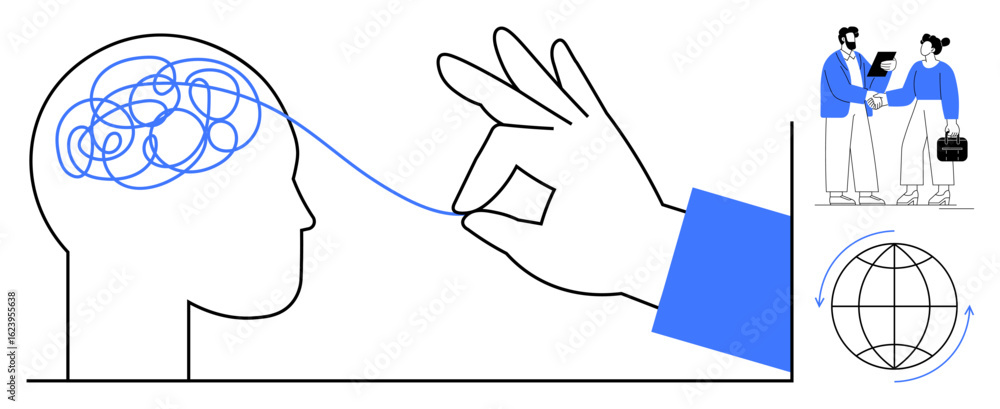 Poster brain untangling line of thoughts by hand, conversation between two people, globe with dynamic arrow