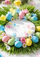 Vibrant easter display with colorful eggs, flowers, and green grass arrangement