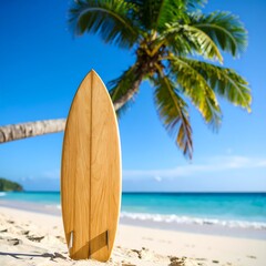 tropical beach with palm trees and surfboard