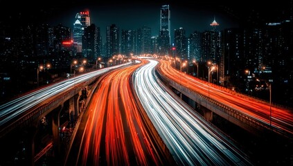 Obraz premium Night City Traffic Lights Trails Overpass