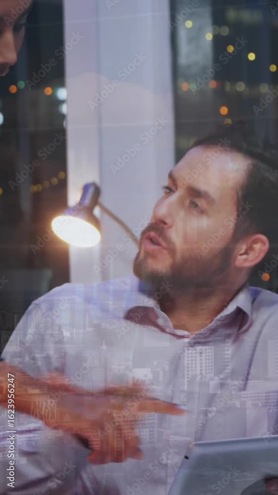 Poster animation of financial data processing over diverse business people using tablet