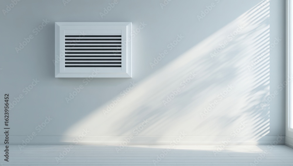 Poster light streams through blinds onto a wall with a vent, creating a bright and airy atmosphere in a mod