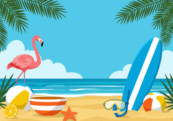 Vibrant Tropical Beach Scene Featuring a Pink Flamingo a Surfboard and Beach Essentials Under a Clear Blue Sky with Wispy Clouds