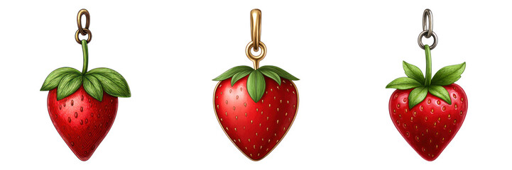 Strawberry heart shaped pendant charms with green leaves and metal loops, vibrant red color, perfect for jewelry design