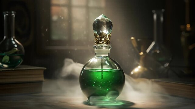 Mystical Potion: A captivating, emerald-green potion simmers within an ornate glass bottle, radiating an aura of magic and mystery in a dimly lit alchemical setting. 
