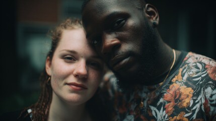 Multiethnic couple sharing a warm moment, natural background blurred with soft side light.
