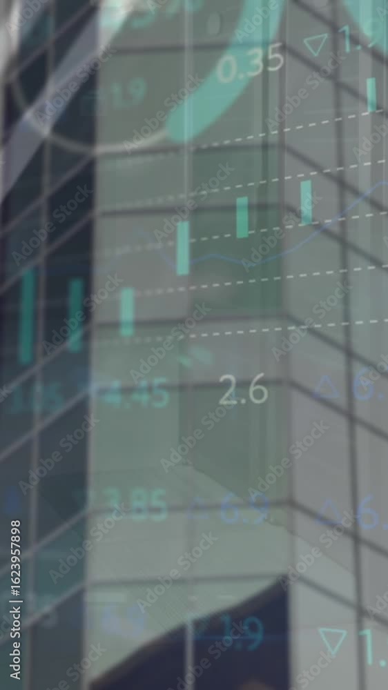 Poster animation of statistical and stock market data processing against tall building