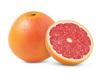 Pink whole grapefruit and half isolated. Grapefruit half with zest isolated with clipping path....