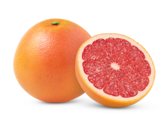 Pink whole grapefruit and half isolated. Grapefruit half with zest isolated with clipping path. Full depth of field. Not AI.